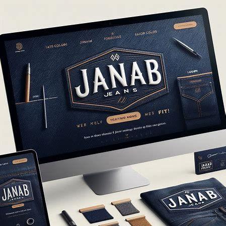 Computer and device screens displaying a website design for 'Janab Jeans' with denim-themed graphics.
