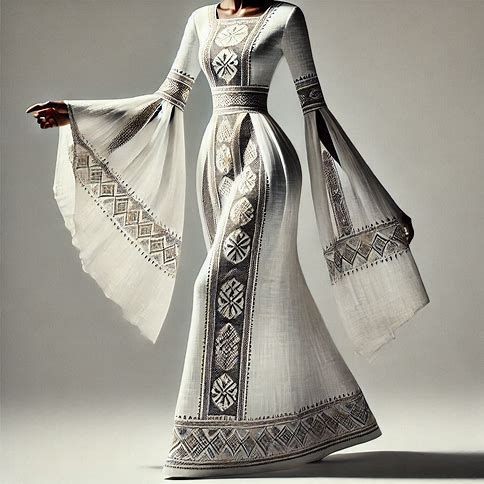 Elegant white dress with intricate geometric patterns and flared sleeves on a mannequin.